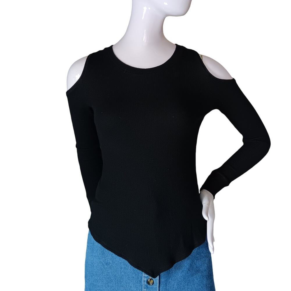 LNA Blouse Thermal Material Size XS Black Long Sleeve Cold Shoulders Round Neck